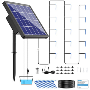 A solar-powered irrigation system kit with various components. The kit includes a solar panel, water pump, tubing, stakes, and connectors for easy installation in gardens or yards.