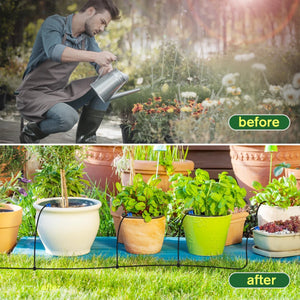 A man is shown watering plants in a garden with the text "before" on the top half. The bottom half shows a row of potted plants with an irrigation system and the text "after."