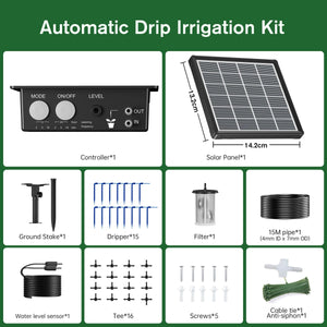 An automatic drip irrigation kit is displayed, which includes the following components:
Controller: 1 piece
Solar Panel: 1 piece (dimensions: 13.2 cm x 14.2 cm)
Ground Stake: 1 piece
Dripper: 15 pieces
Filter: 1 piece
Pipe: 15 meters (4mm ID x 7mm OD)
Water Level Sensor: 1 piece
Tee: 16 pieces
Screws: 5 pieces
Cable Tie: 1 piece
Anti-siphon: 1 piece