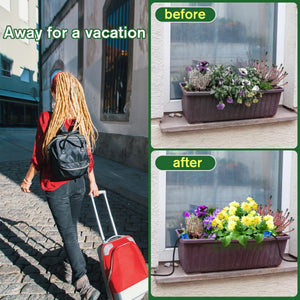 A woman with dreadlocks is walking away with a suitcase, indicating she is "Away for a vacation." The before and after images show a window box with plants that have been watered, demonstrating the use of an automatic watering system.