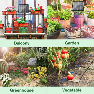 This image showcases four different settings where a solar-powered irrigation system can be used:
Balcony: A balcony with potted plants and a solar panel for irrigation.
Garden: A garden with various plants in pots and a solar panel for irrigation.
Greenhouse: A greenhouse with diverse plants and a solar panel for irrigation.
Vegetable: A vegetable garden with tomatoes growing on a trellis and a solar panel for irrigation.