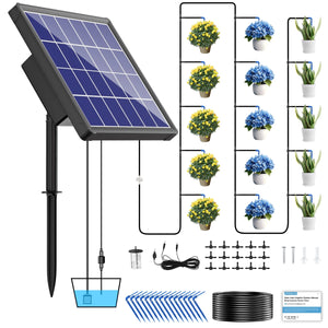 A solar-powered irrigation system with a solar panel, water pump, and multiple hoses connected to flower pots. The system includes a control unit, stakes for the solar panel, and various connectors and adapters for easy setup.