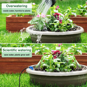 The image shows a comparison between overwatering and scientific watering of plants. The top half of the image demonstrates overwatering, with water pouring from a watering can onto a potted plant, causing excess water to spill over the sides. The text states "Overwatering: waste water, harmful to plants." The bottom half shows scientific watering using a drip irrigation system, with water being delivered directly to the roots of the plant. The text here reads "Scientific watering: save water, plants grow w