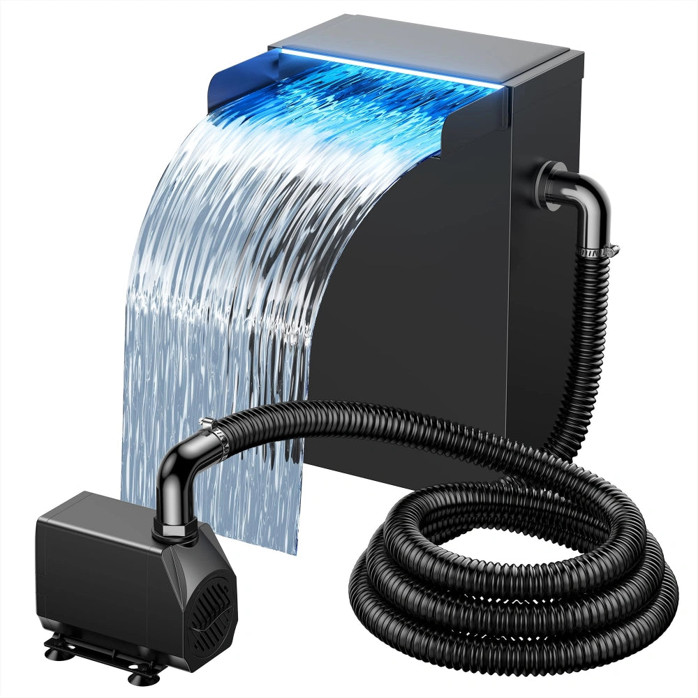 NFESOLAR Pond Waterfall Spillway Kit – 7.8" Stainless Box, 660GPH Pump & LED Lights for 500-2000 Gallon Ponds N4213