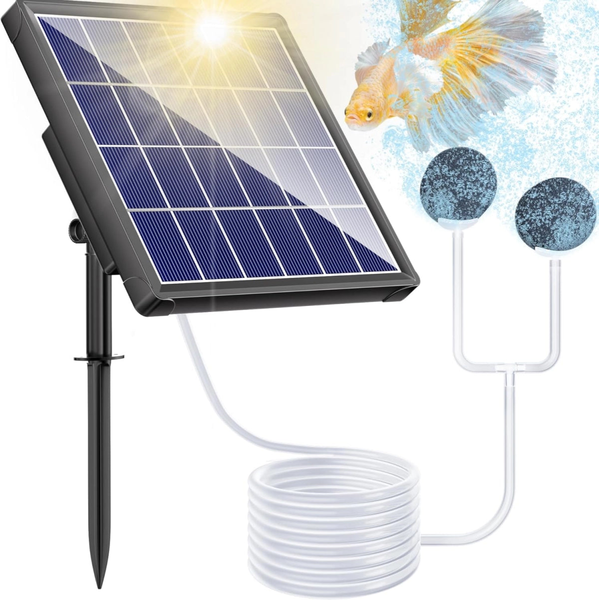 The image shows a solar-powered aerator system designed for ponds or fish tanks. It consists of a solar panel mounted on a stake, which is used to convert sunlight into electrical energy. Connected to the solar panel is a hose that leads to two round air stones placed underwater. These air stones create bubbles that help oxygenate the water, providing a healthy environment for fish and other aquatic life. The system is depicted with a background of clear water and two goldfish swimming near the surface.