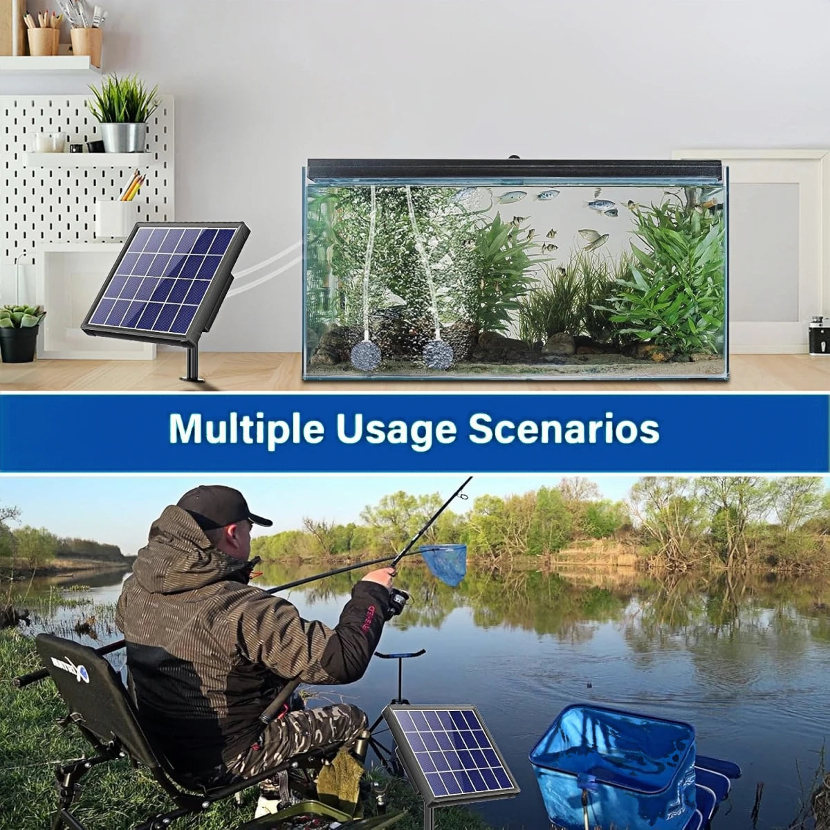 The image showcases multiple usage scenarios of a solar panel. In the top part, a solar panel is placed next to an aquarium in a well-lit room with a white wall and wooden floor. The aquarium is filled with various plants and fish, creating a serene environment. Below this, there is a text that reads "Multiple Usage Scenarios." In the bottom part of the image, a person is fishing by a river. The individual is seated on a chair and holding a fishing rod with a net attached.