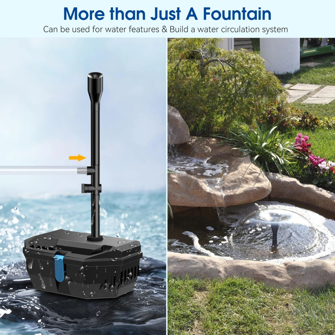 An outdoor water feature pump with a fountain nozzle and water circulation system, showcasing its use in creating both a decorative fountain and a functional water circulation setup in a garden setting.