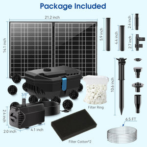 a package for a solar-powered water pump system. The package includes:
A solar panel with dimensions 21.2 inches by 14.1 inches.
A main pump unit with dimensions 4.1 inches by 3.8 inches by 2.0 inches.
A filter ring with dimensions 5.9 inches by 4.4 inches by 2.7 inches.
Two pieces of filter cotton.
Various nozzles and adapters with different dimensions.
A hose with a length of 6.5 feet.