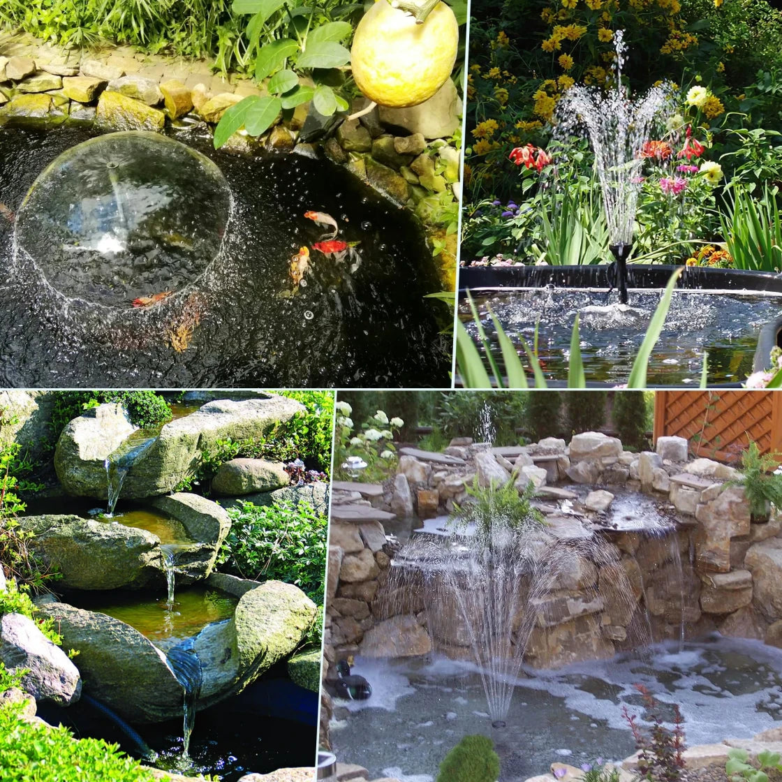 A collage of four different garden water features. The top left image shows a small pond with koi fish and a spherical fountain in the center. The top right image features a rectangular pond with a multi-tiered fountain surrounded by colorful flowers. The bottom left image displays a natural-looking stone waterfall flowing into a pond. The bottom right image showcases a large, ornate fountain with multiple streams of water, set against a backdrop of stacked stones and greenery.