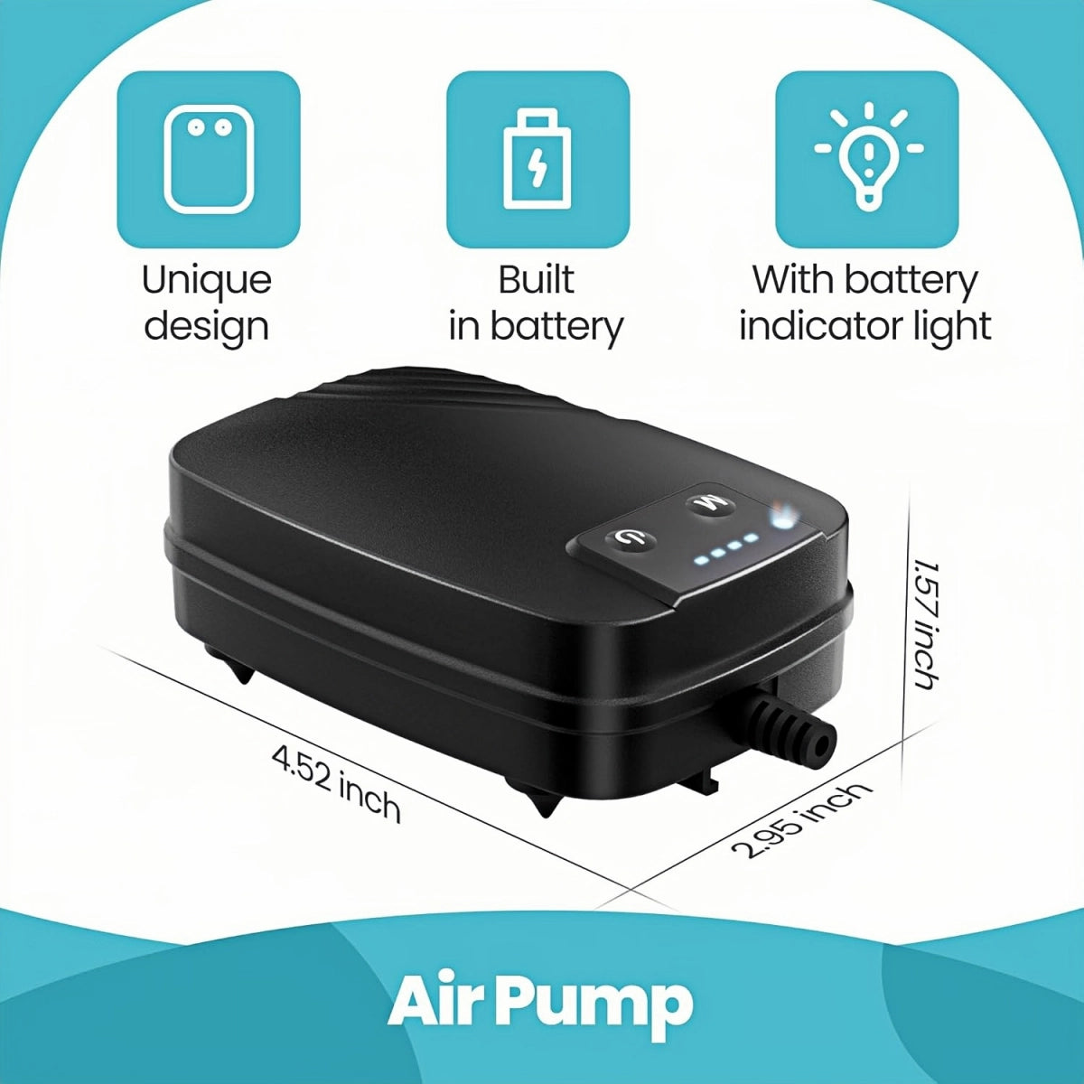 Black Air Pump with Unique Design, Built-in Battery, and Battery Indicator – Compact Size (4.52" L x 2.95" W x 1.57" H).