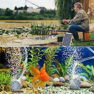 Lakeside Fishing Scene with Solar-Powered Setup and Serene Aquarium Featuring Goldfish, Aquatic Plants, and Oxygen Bubbles – Harmonious Nature & Indoor Life.