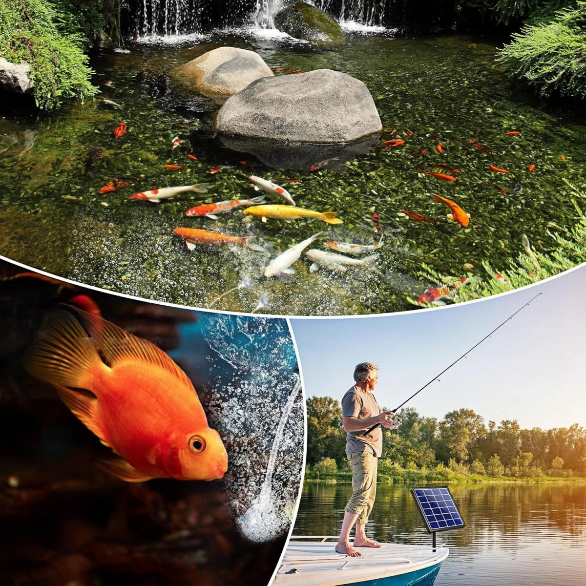 Collage of a Koi Pond, Underwater Fish Oxygenation, and a Man Fishing on a Solar-Powered Boat