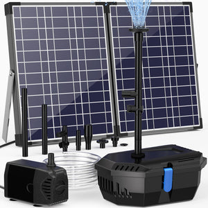 A solar-powered water pump system with two solar panels, a fountain head spraying water, and various nozzles and connectors. The system includes a submersible pump and a control unit with a blue handle.