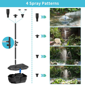 a water fountain pump with four different spray patterns. The pump is disassembled on the left side, demonstrating how to attach various nozzles to create different water effects.