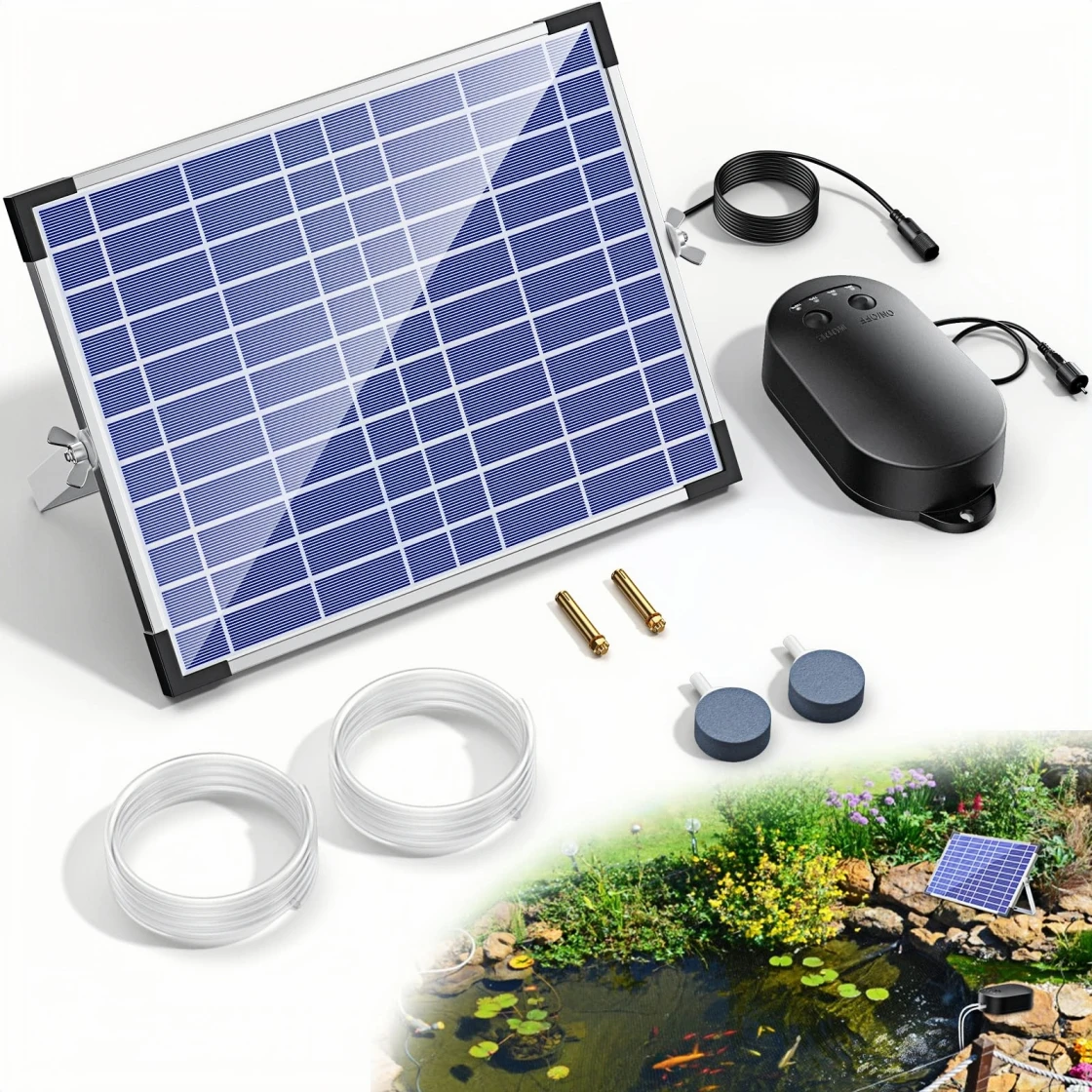 a solar-powered pond aerator kit. The kit includes a solar panel, an air pump, two air stones, and two lengths of tubing. The solar panel is blue with a grid-like pattern, and the air pump is black with a cable attached. The air stones are circular and gray, and the tubing is transparent. The kit is designed to provide oxygen to fish in ponds or water gardens.