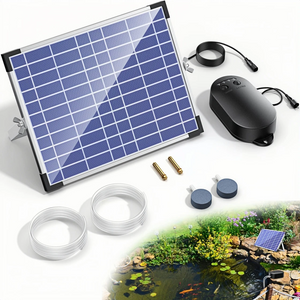 a solar-powered pond aerator kit. The kit includes a solar panel, an air pump, two air stones, and two lengths of tubing. The solar panel is blue with a grid-like pattern, and the air pump is black with a cable attached. The air stones are circular and gray, and the tubing is transparent. The kit is designed to provide oxygen to fish in ponds or water gardens.