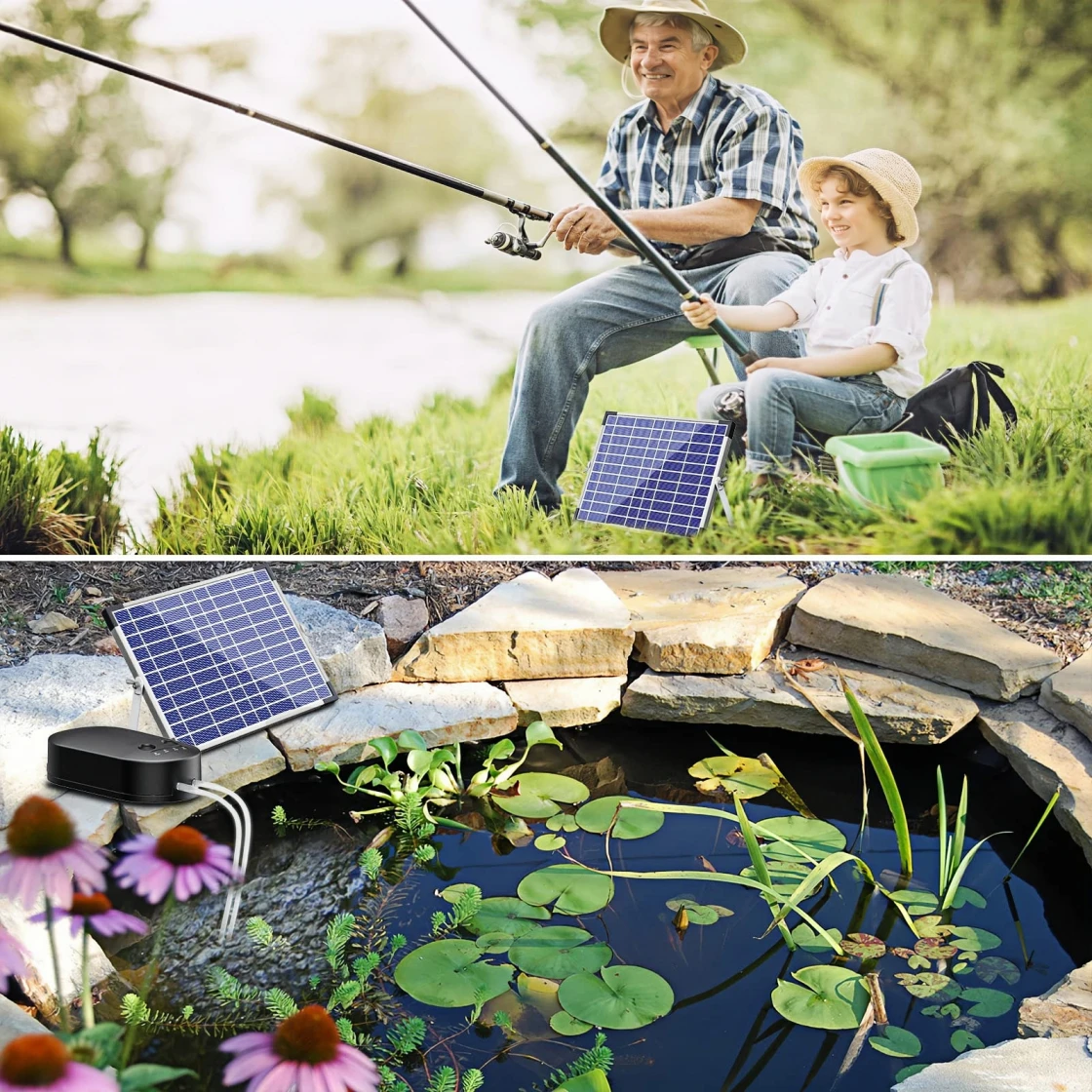 a solar-powered device being used in two different settings.
In the first image, an older man and a young boy are fishing by a pond. The man is holding a fishing rod, and next to them is a small solar panel. This suggests that they are using a solar-powered fishing accessory.
In the second image, the same solar panel is seen connected to a device placed near a garden pond. The device appears to be a solar-powered fountain or aerator, which is used to maintain water quality in the pond.