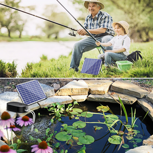 a solar-powered device being used in two different settings.
In the first image, an older man and a young boy are fishing by a pond. The man is holding a fishing rod, and next to them is a small solar panel. This suggests that they are using a solar-powered fishing accessory.
In the second image, the same solar panel is seen connected to a device placed near a garden pond. The device appears to be a solar-powered fountain or aerator, which is used to maintain water quality in the pond.