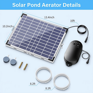 a solar pond aerator kit, which includes the following components:
Solar Panel: The solar panel measures 13.4 inches by 10.2 inches.
Aerator Unit: This unit is connected to the solar panel via a 10-foot cable.
Hoses: Two hoses, each 8.2 feet long, are included for connecting the aerator to the pond.
Stones: Two stones are provided for placing at the end of the hoses to create bubbles in the water.
Screws: Two screws are included for securing the solar panel.