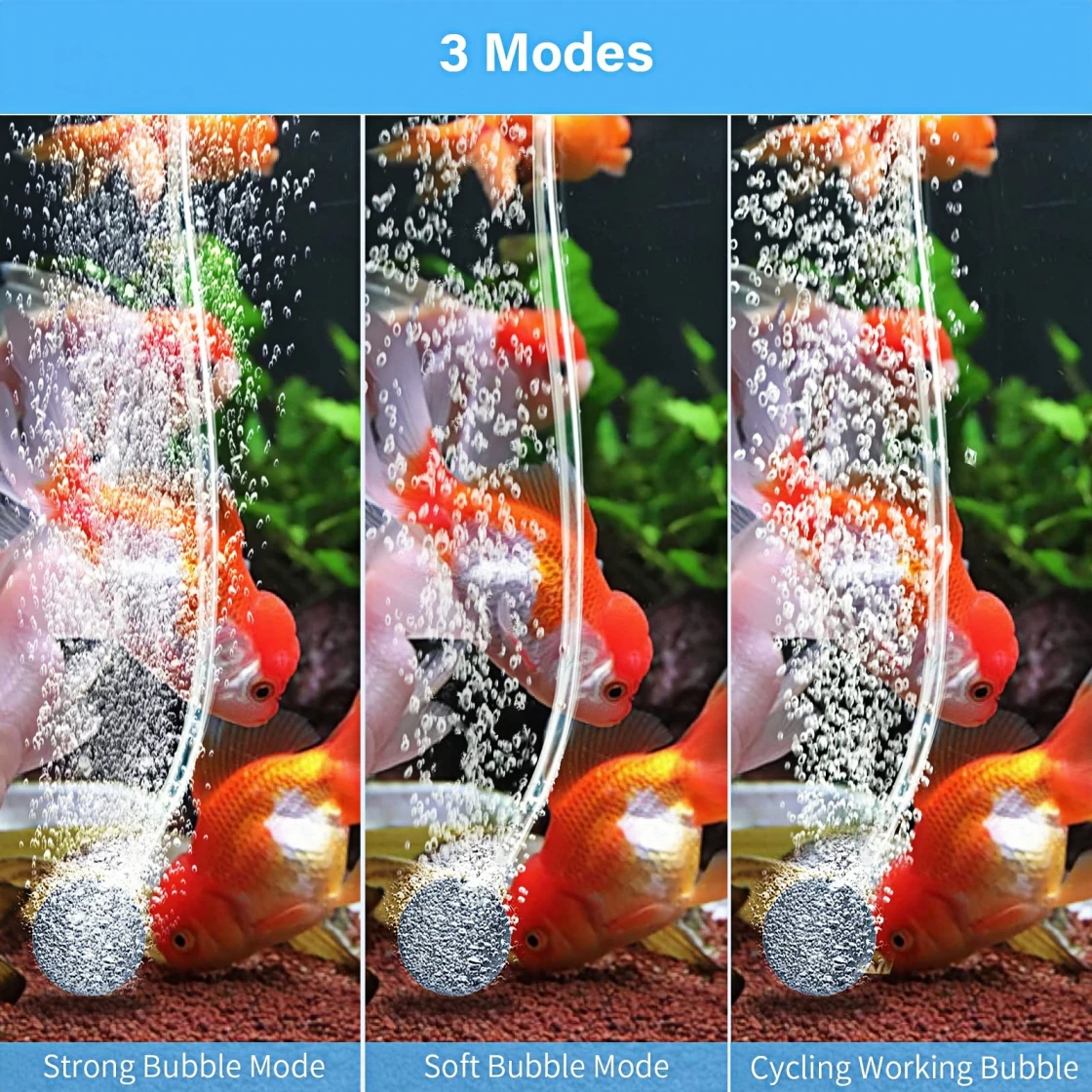 a fish tank with three different modes of bubble settings： 
Strong Bubble Mode: The first image on the left displays a fish tank with strong bubbles coming from the bottom. The bubbles are large and frequent, creating a vigorous movement in the water.
Soft Bubble Mode: The middle image shows a gentler bubble setting. The bubbles are smaller and less frequent, providing a more subtle and calm environment for the fish.
Cycling Working Bubble: The third image on the right depicts a cycling bubble mode. T