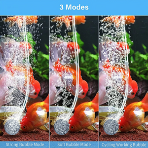 a fish tank with three different modes of bubble settings： 
Strong Bubble Mode: The first image on the left displays a fish tank with strong bubbles coming from the bottom. The bubbles are large and frequent, creating a vigorous movement in the water.
Soft Bubble Mode: The middle image shows a gentler bubble setting. The bubbles are smaller and less frequent, providing a more subtle and calm environment for the fish.
Cycling Working Bubble: The third image on the right depicts a cycling bubble mode. T