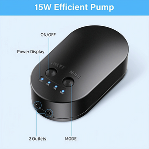a compact, black device labeled as a "15W Efficient Pump." It features an ON/OFF button, a MODE button, and a power display with four LED indicators showing 25%, 50%, 75%, and 100%. There are also two outlets on the front of the device.