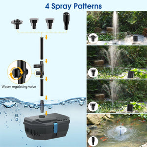 a solar-powered water fountain pump with four different spray patterns.
