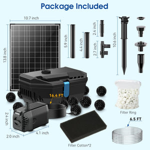 a water feature or pond setup, utilizing solar power for energy efficiency. The inclusion of multiple filters and a long hose suggests it is intended for use in larger setups where water quality and circulation are important.